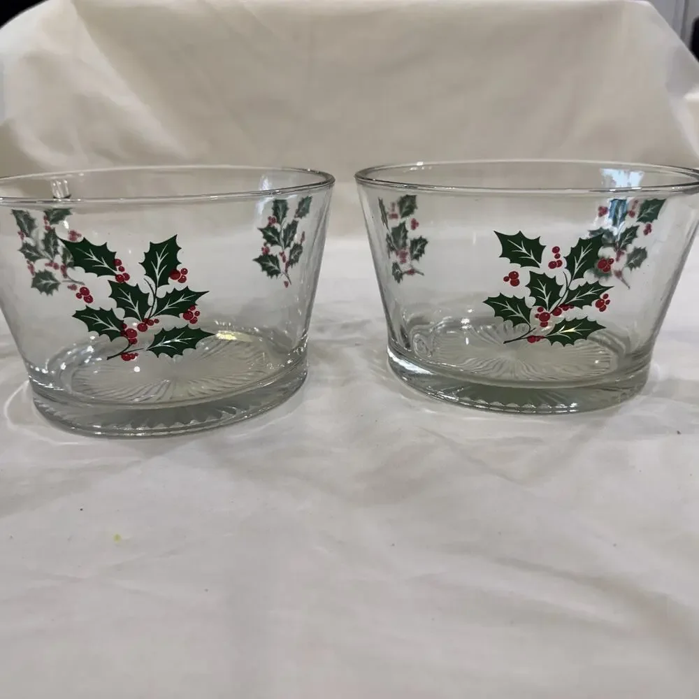 *2* Vintage Christmas Holly & Berries Holiday Serving Bowl / Ice Bucket / Snack